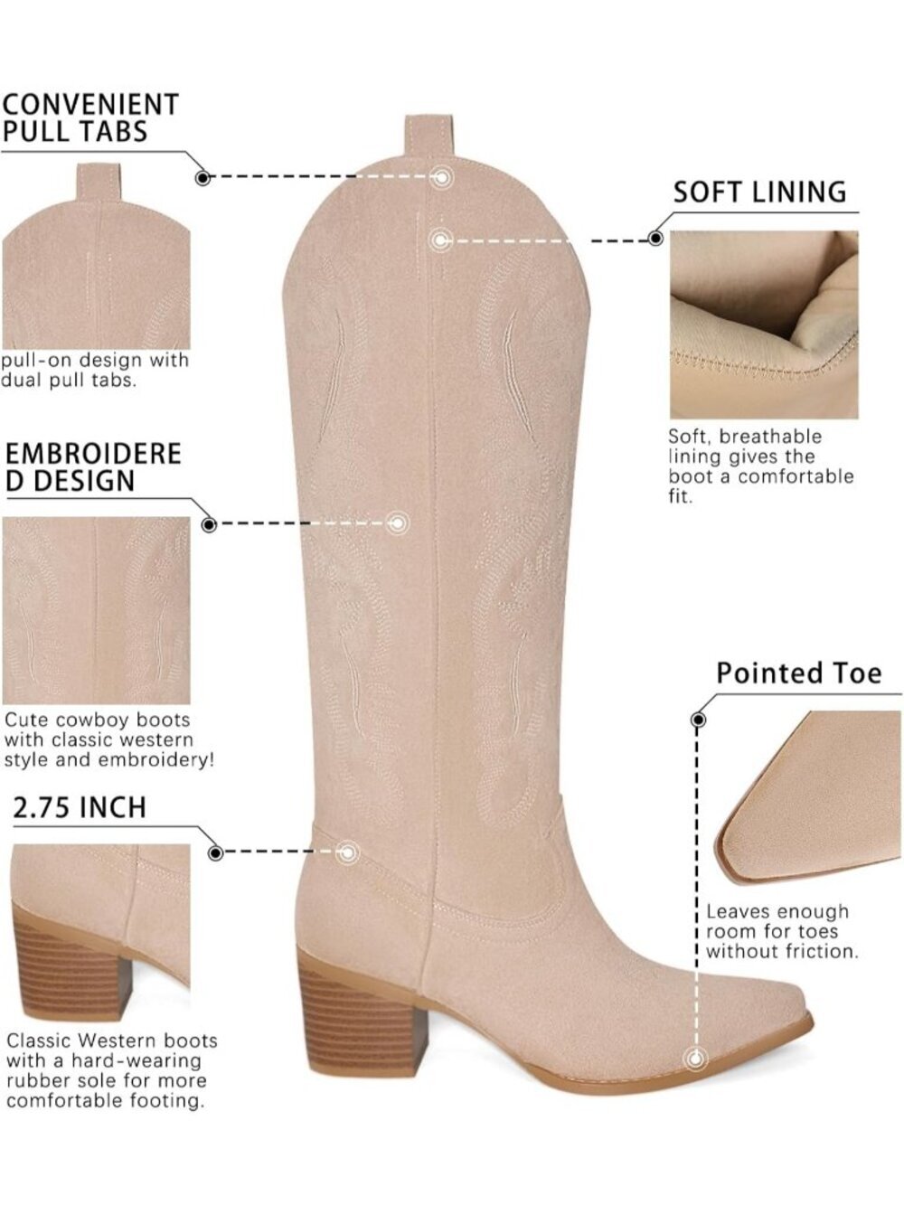 Women's Pointed Toe Chunky Heel Beige Embroidered Western Knee High Cowgirl Boot - Picture 5 of 6